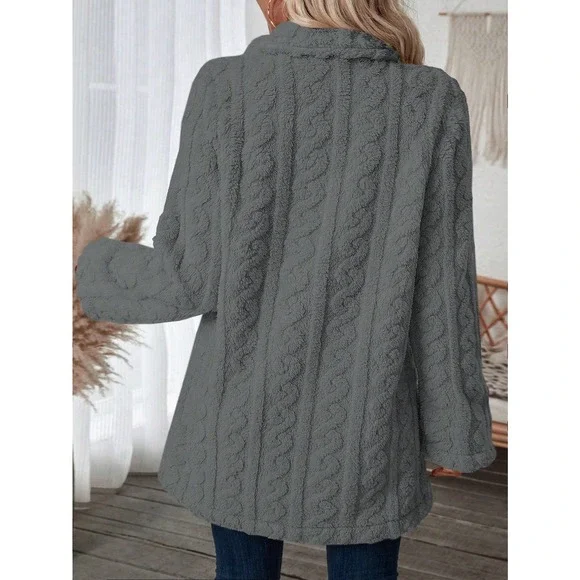 minimalist Double Breasted Lapel collar ribbed knit teddy Coat - Picture 8 of 11